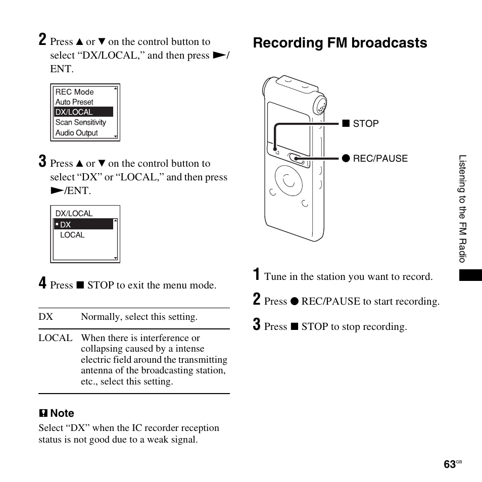 Recording fm broadcasts | Sony ICD-UX300F User Manual | Page 63 / 124