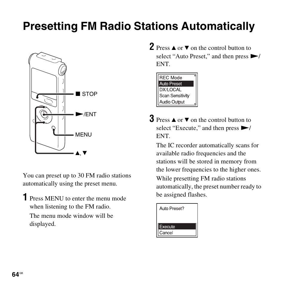 Presetting fm radio stations automatically | Sony ICD-UX300F User Manual | Page 64 / 124