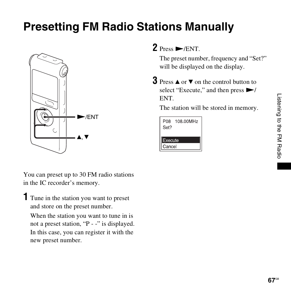 Presetting fm radio stations manually | Sony ICD-UX300F User Manual | Page 67 / 124