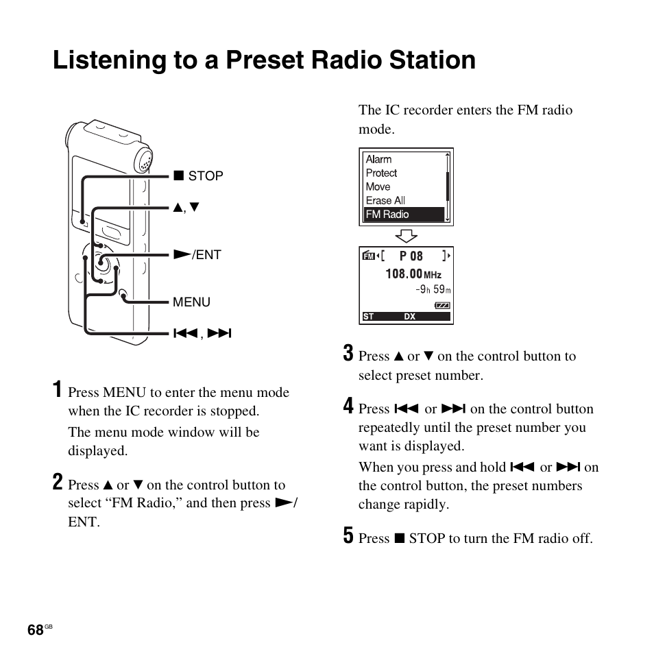 Listening to a preset radio station | Sony ICD-UX300F User Manual | Page 68 / 124