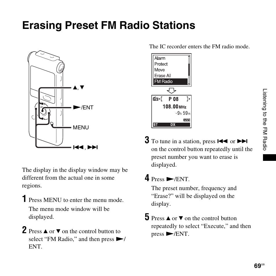 Erasing preset fm radio stations | Sony ICD-UX300F User Manual | Page 69 / 124