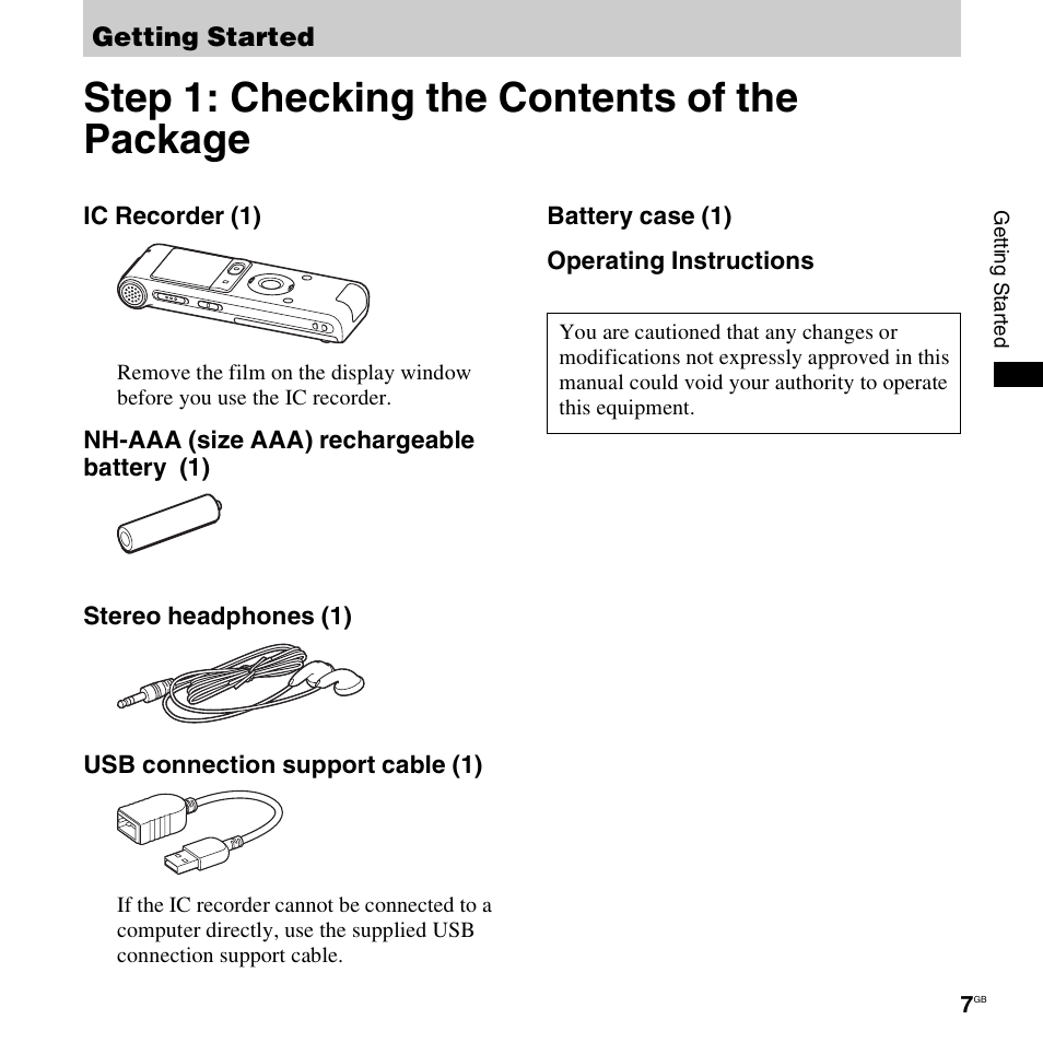 Getting started, Step 1: checking the contents of the package | Sony ICD-UX300F User Manual | Page 7 / 124