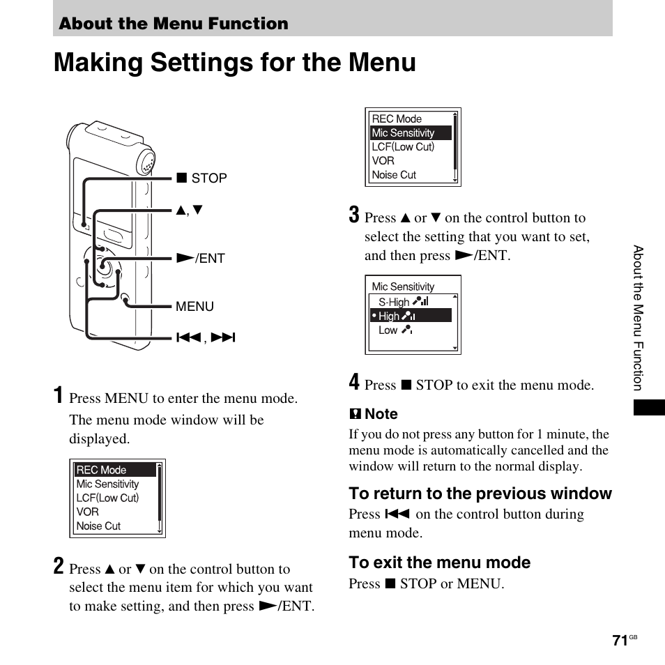 About the menu function, Making settings for the menu | Sony ICD-UX300F User Manual | Page 71 / 124