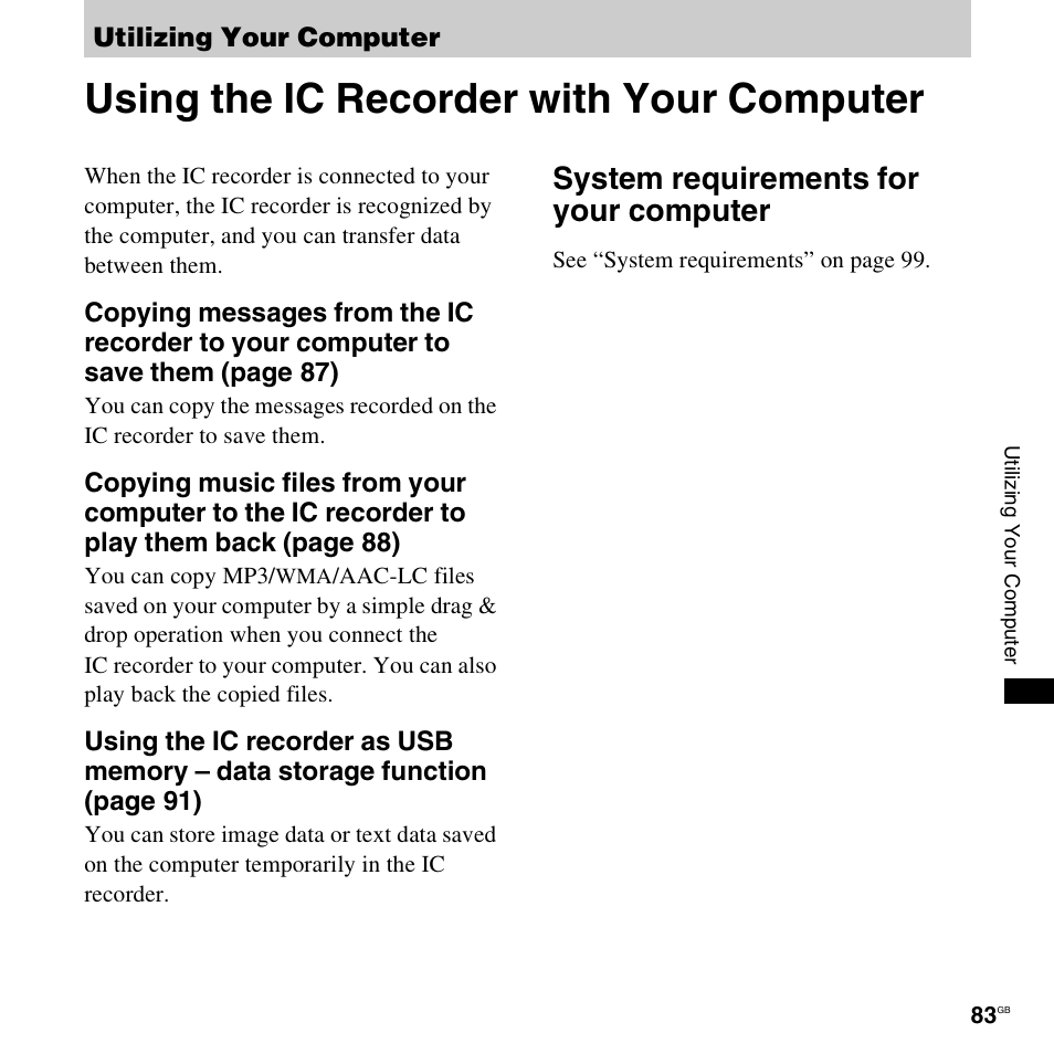 Utilizing your computer, Using the ic recorder with your computer, System requirements for your computer | Sony ICD-UX300F User Manual | Page 83 / 124