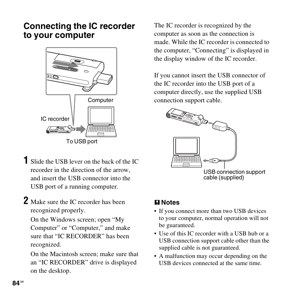 Connecting the ic recorder to your computer | Sony ICD-UX300F User Manual | Page 84 / 124