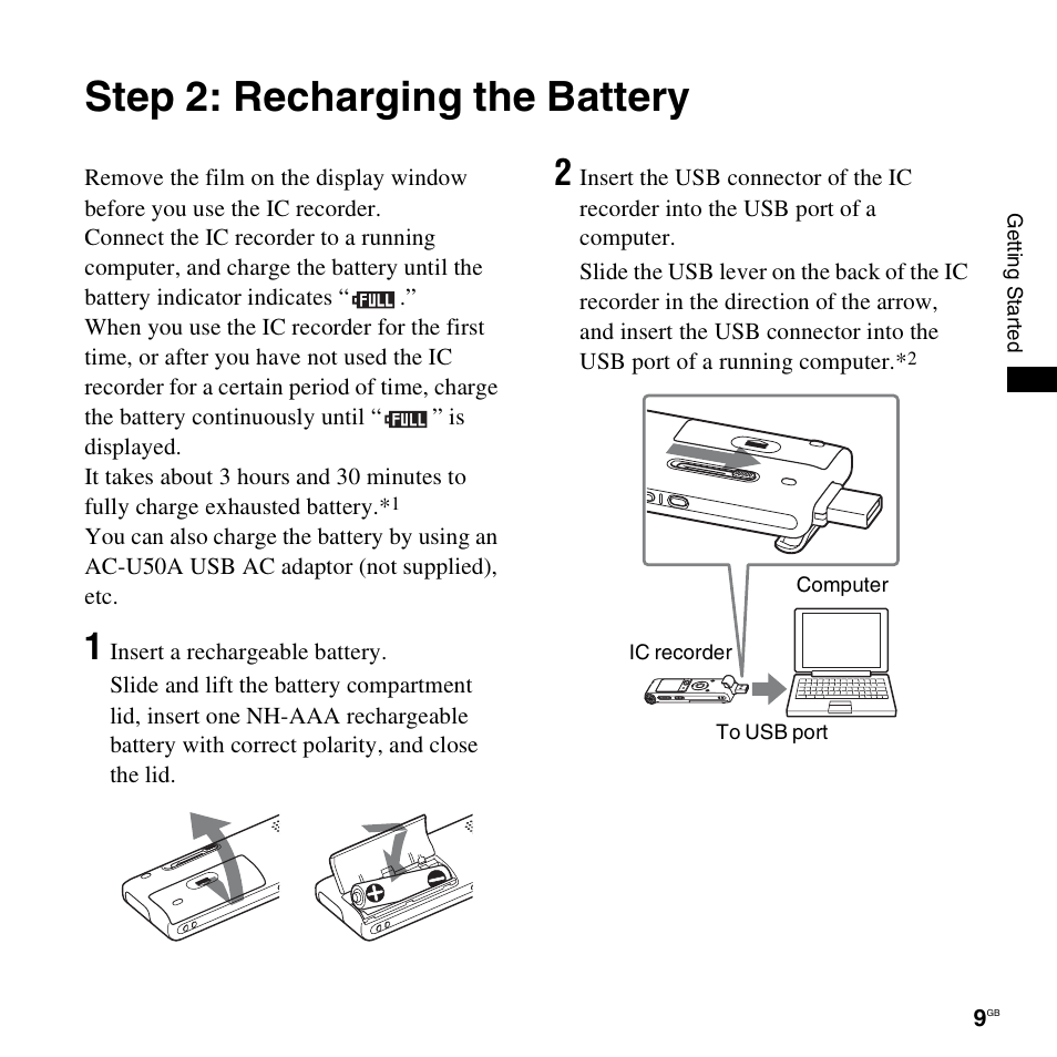 Step 2: recharging the battery | Sony ICD-UX300F User Manual | Page 9 / 124