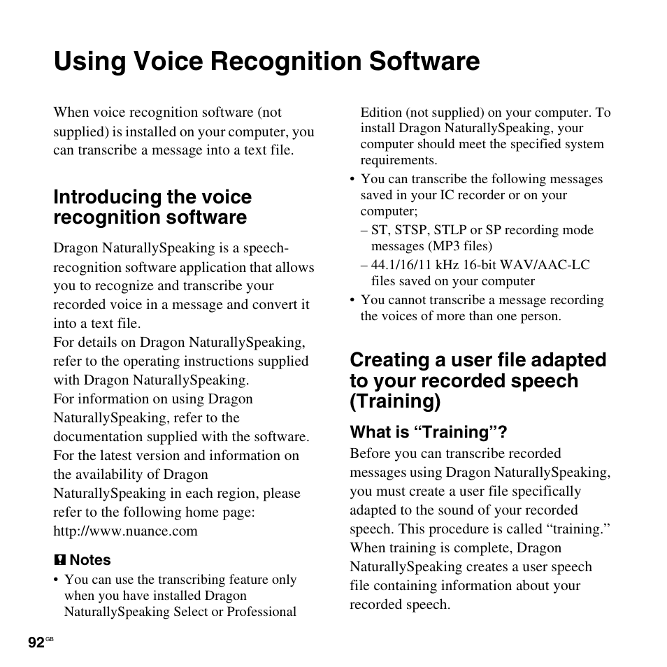 Using voice recognition software, Introducing the voice recognition software | Sony ICD-UX300F User Manual | Page 92 / 124