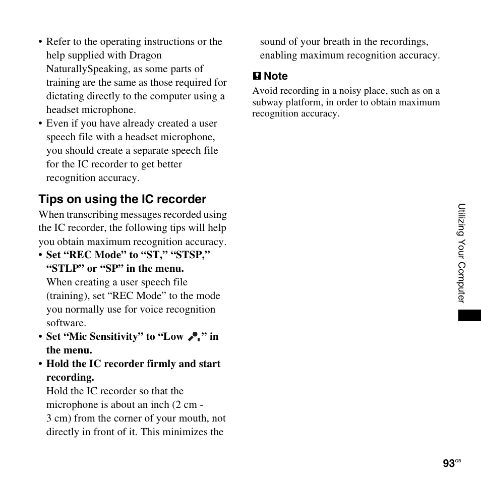 Tips on using the ic recorder | Sony ICD-UX300F User Manual | Page 93 / 124