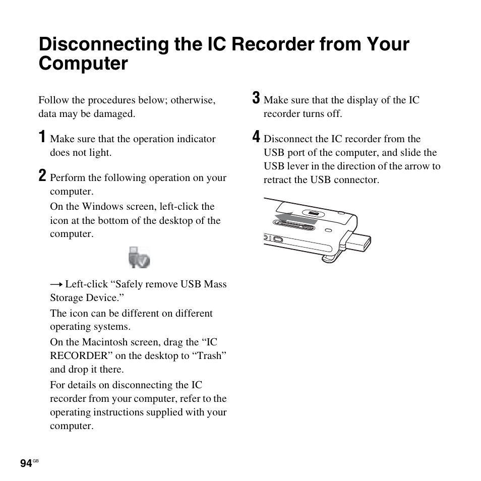 Disconnecting the ic recorder from your computer | Sony ICD-UX300F User Manual | Page 94 / 124