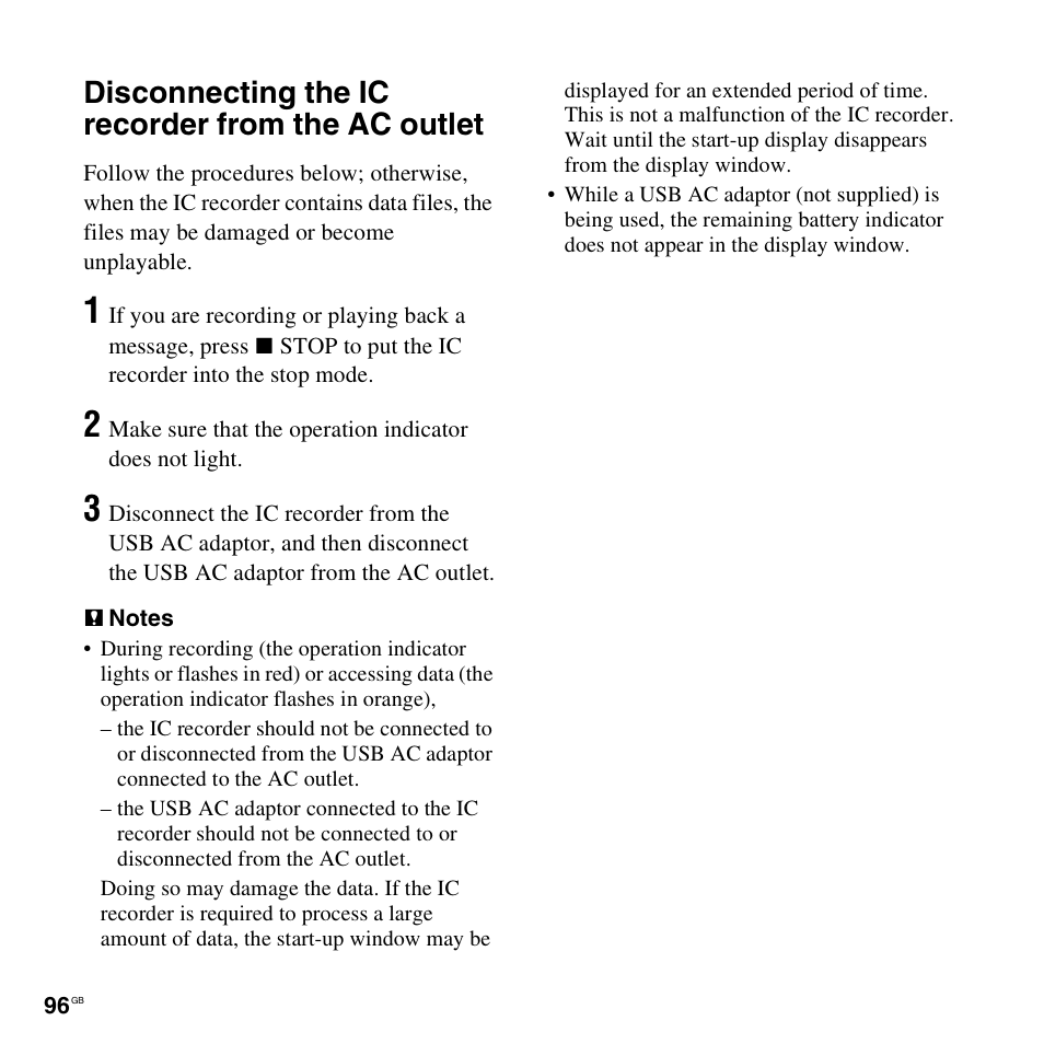 Disconnecting the ic recorder from the ac outlet | Sony ICD-UX300F User Manual | Page 96 / 124