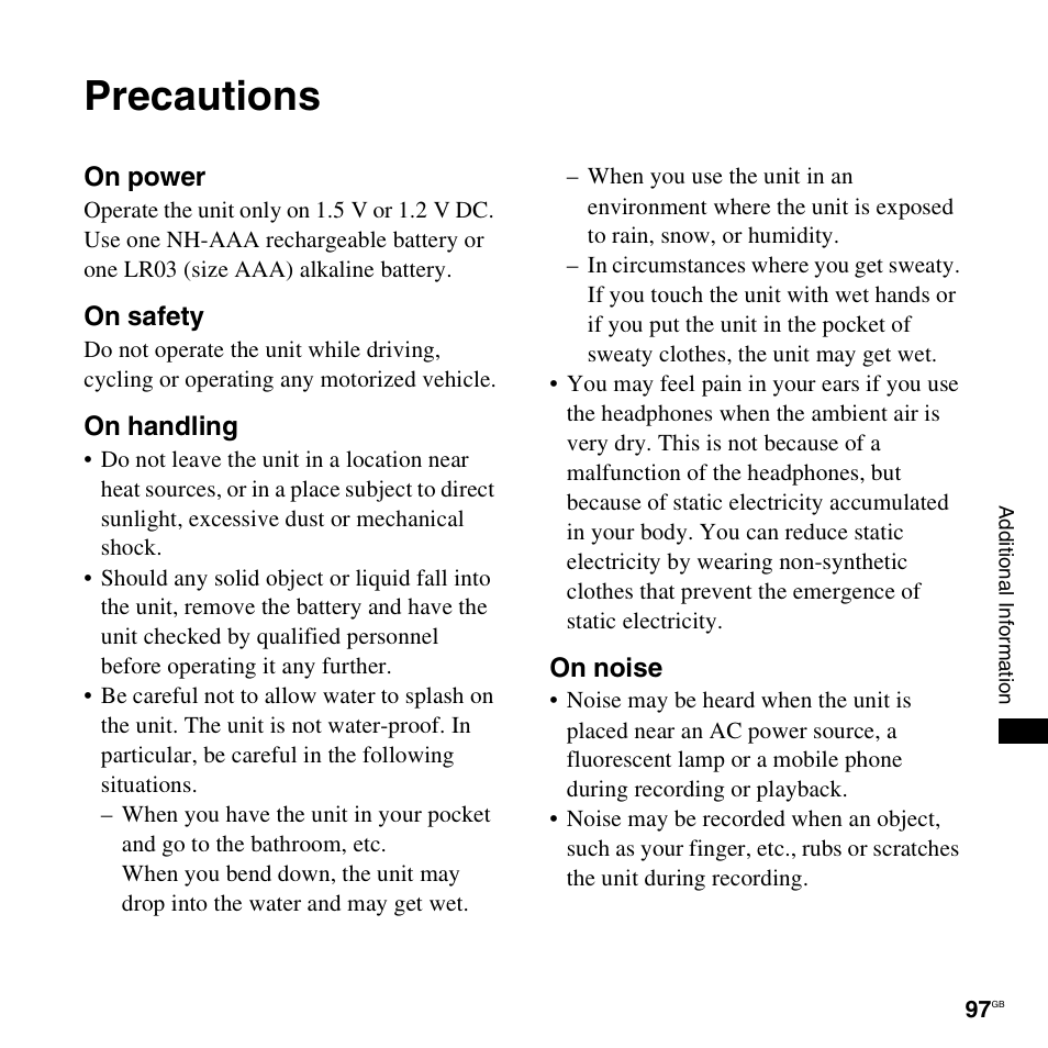 Precautions | Sony ICD-UX300F User Manual | Page 97 / 124