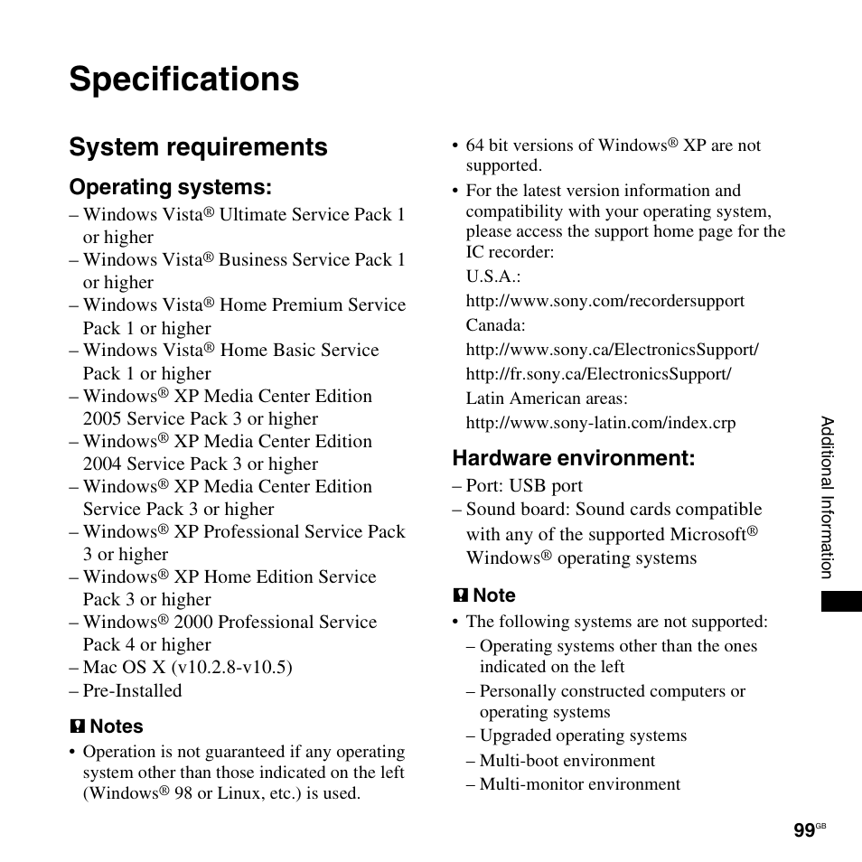 Specifications, System requirements, Operating systems | Hardware environment | Sony ICD-UX300F User Manual | Page 99 / 124