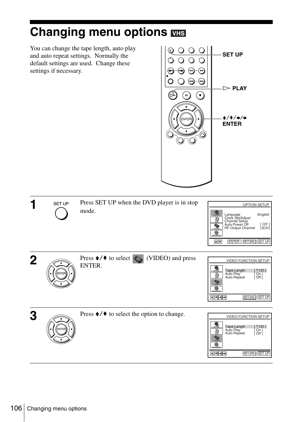 Changing menu options, Press set up when the dvd player is in stop mode, Press v/v to select (video) and press enter | Press v/v to select the option to change | Sony SLV-D360P User Manual | Page 106 / 128