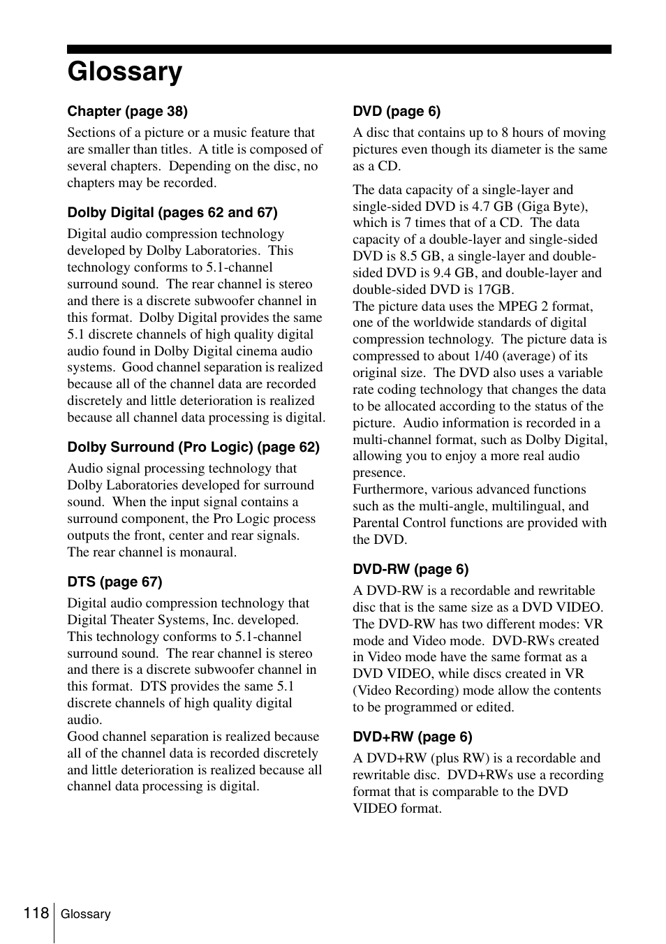 Glossary | Sony SLV-D360P User Manual | Page 118 / 128