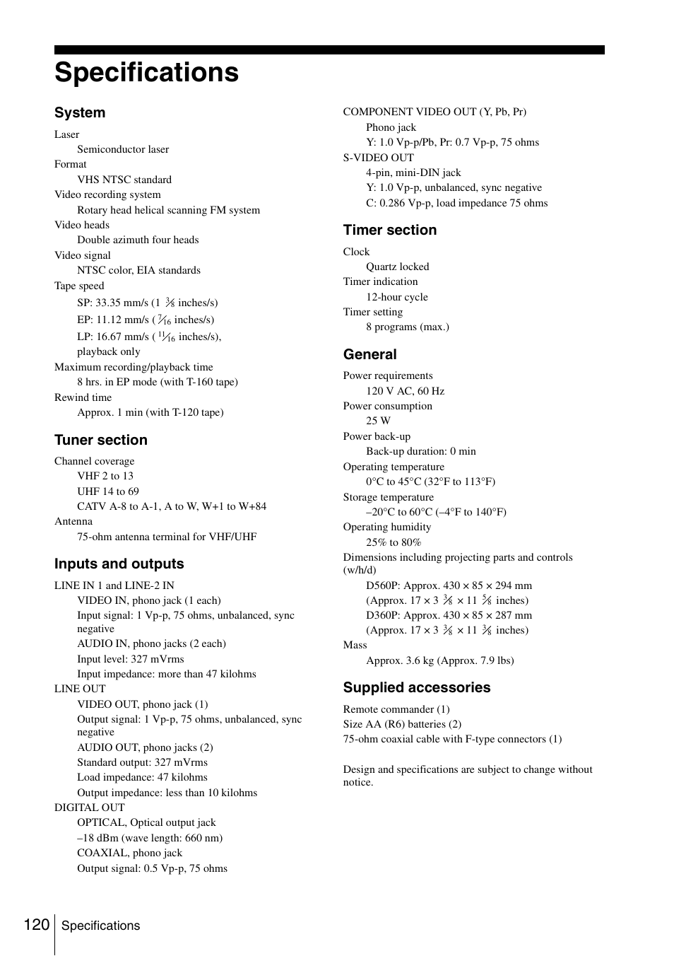 Specifications, System, Inputs and outputs | General, Supplied accessories | Sony SLV-D360P User Manual | Page 120 / 128