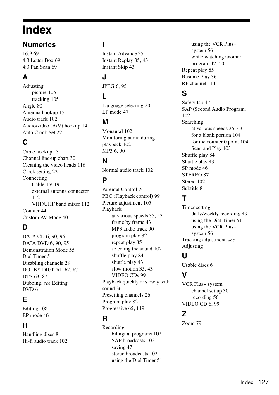 Index, Numerics | Sony SLV-D360P User Manual | Page 127 / 128