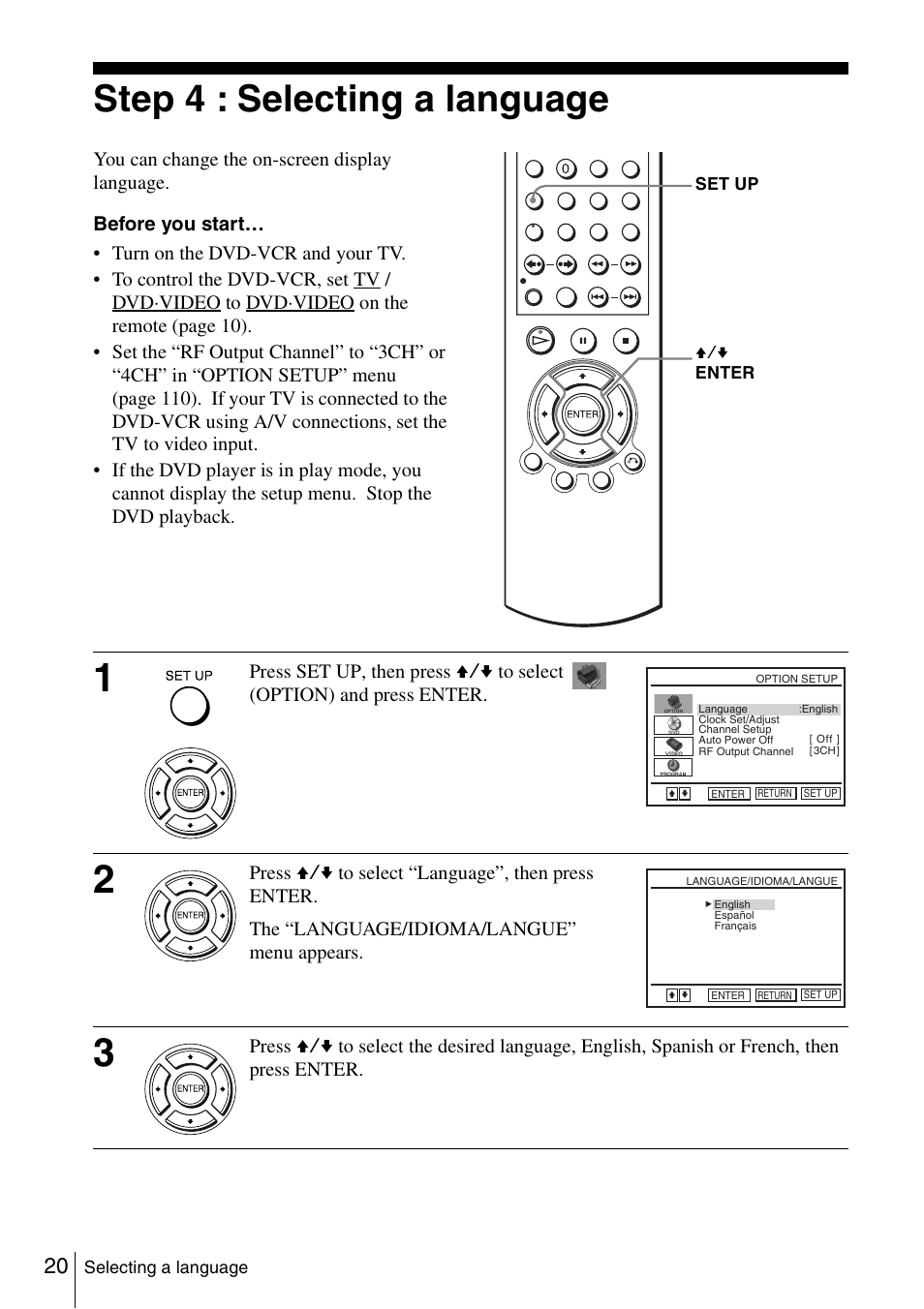 Step 4 : selecting a language, 20 step | Sony SLV-D360P User Manual | Page 20 / 128