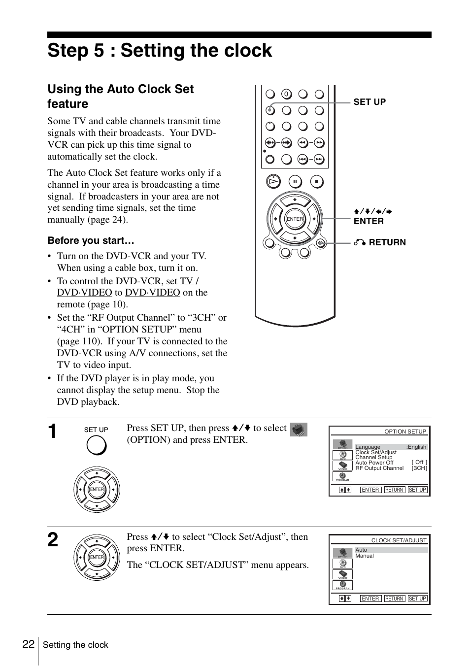 Step 5 : setting the clock, 22 step, Using the auto clock set feature | Sony SLV-D360P User Manual | Page 22 / 128