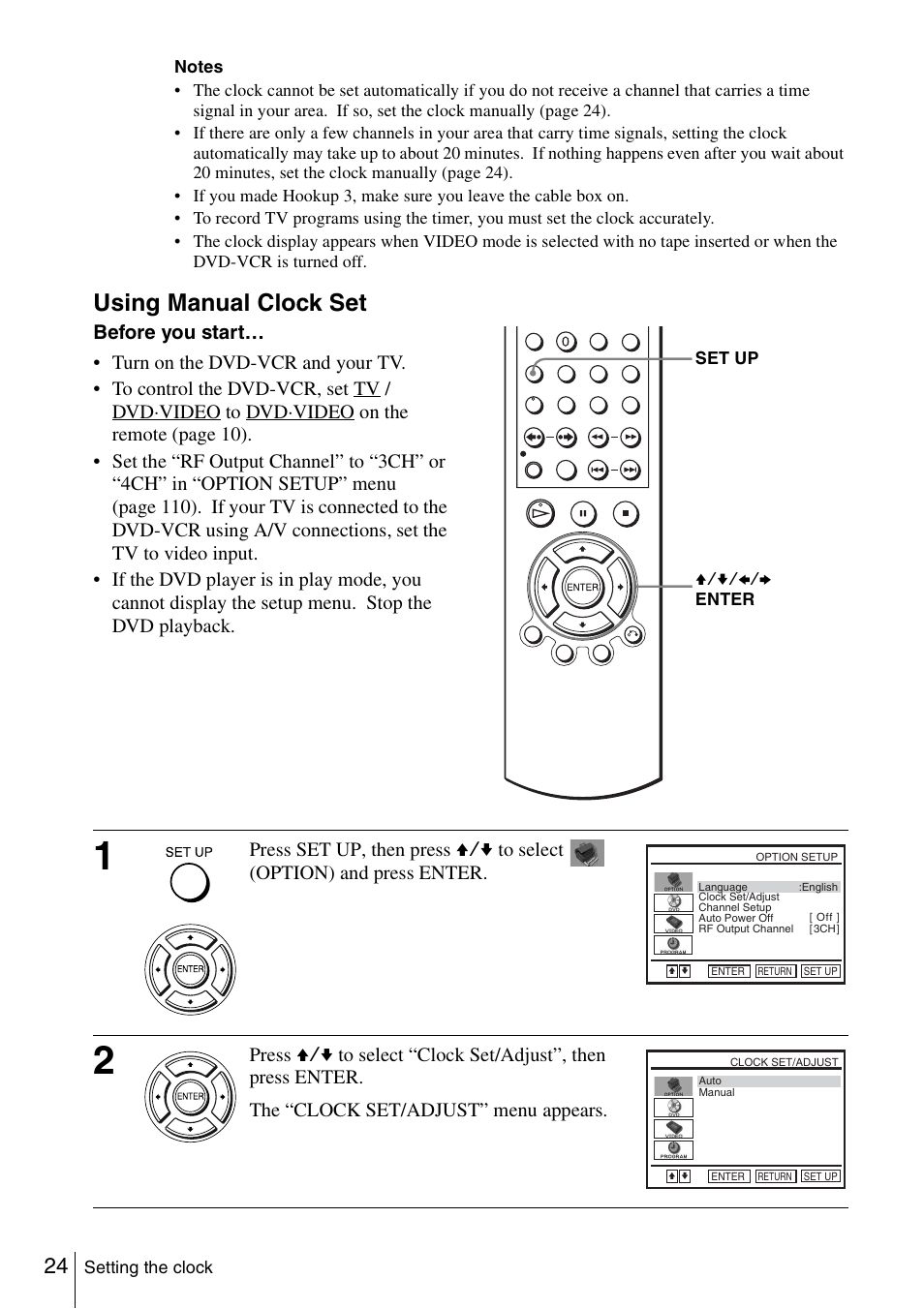 Using manual clock set | Sony SLV-D360P User Manual | Page 24 / 128