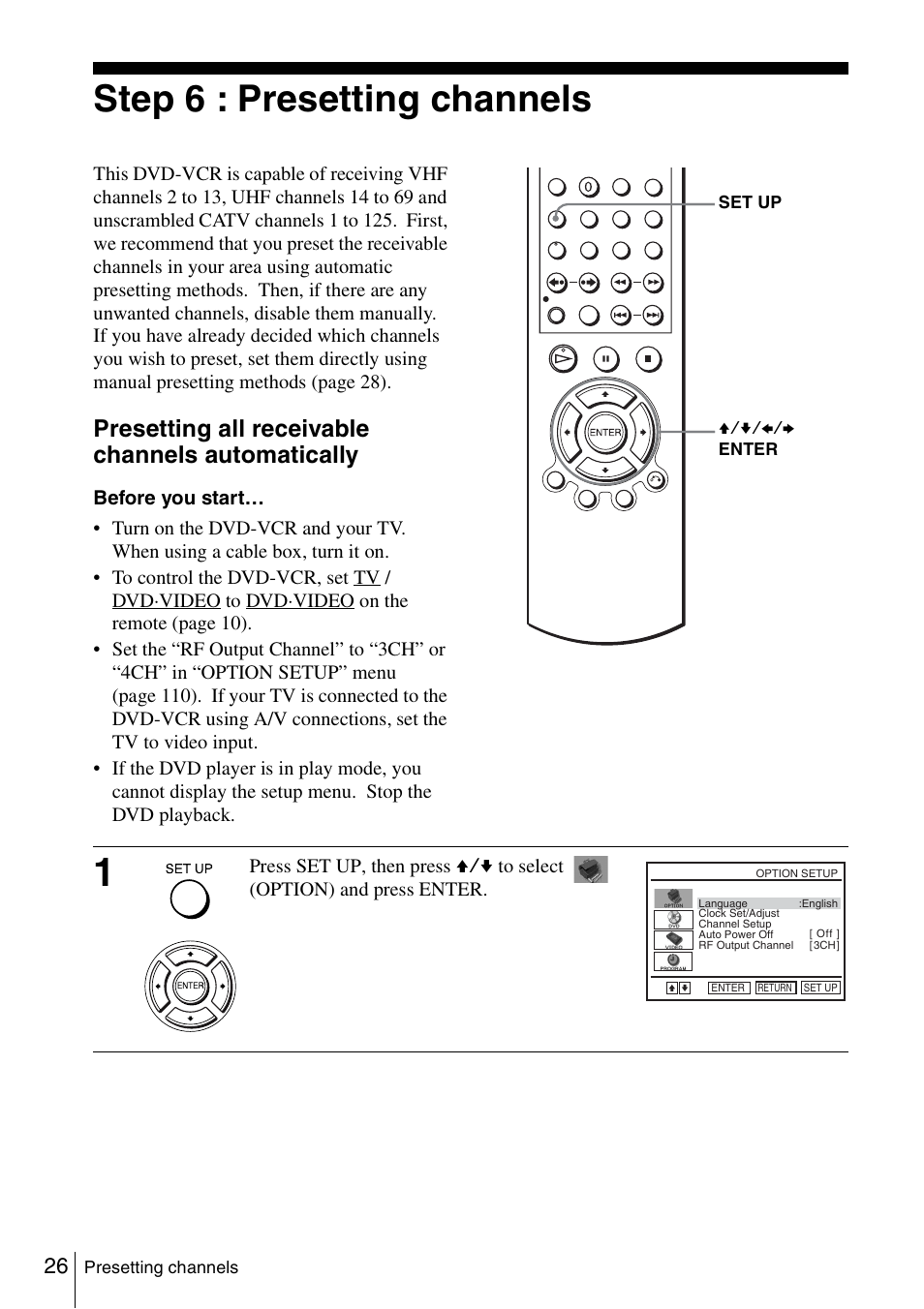 Step 6 : presetting channels, 26 step, Presetting all receivable channels automatically | Sony SLV-D360P User Manual | Page 26 / 128