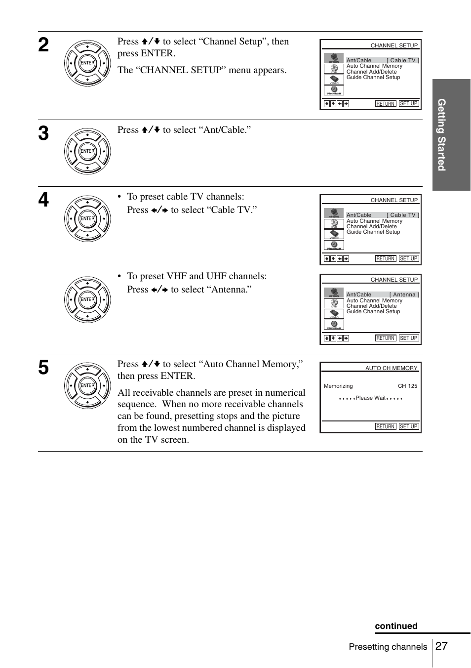 Getti ng sta rted, Press v/v to select “ant/cable | Sony SLV-D360P User Manual | Page 27 / 128