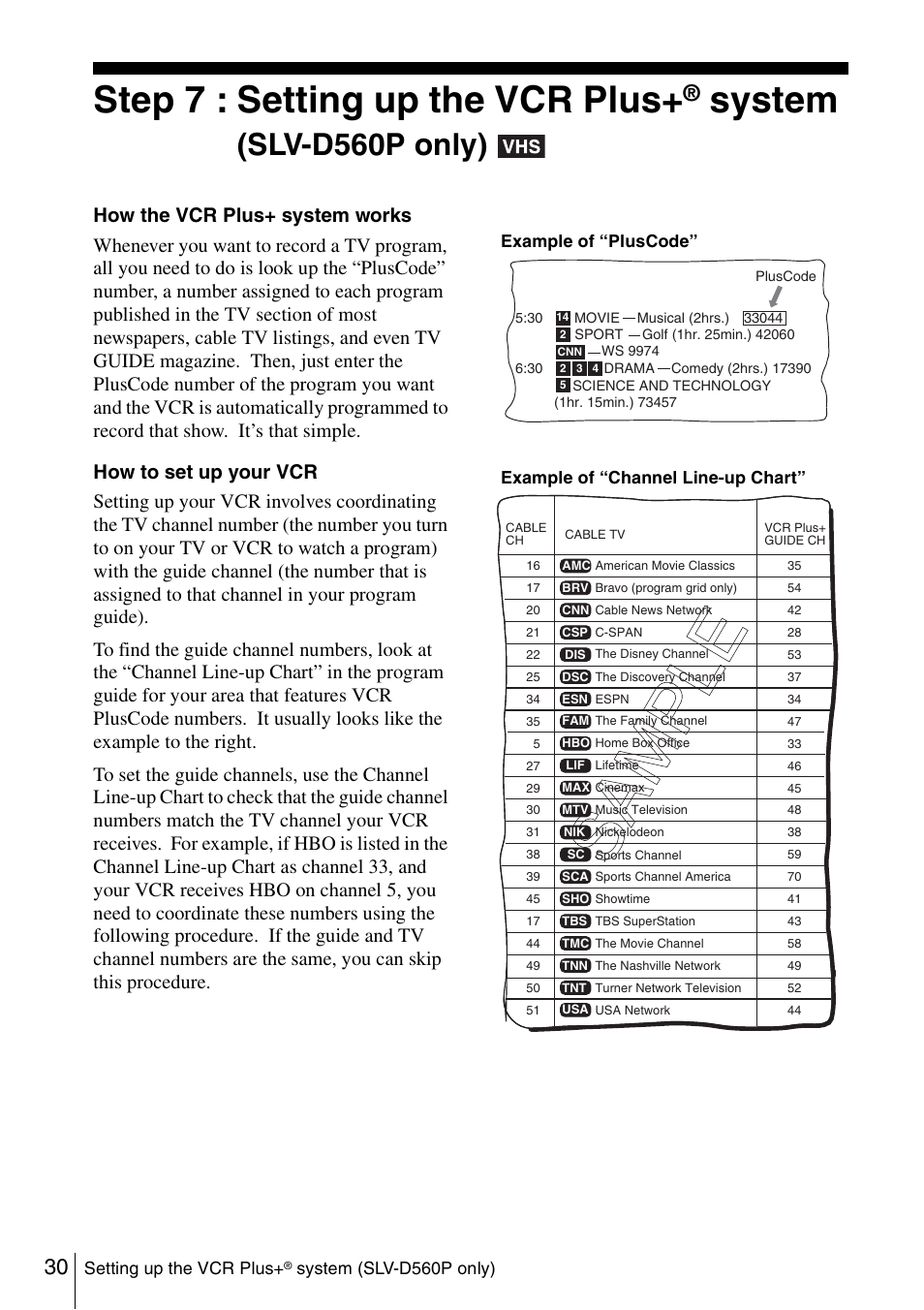 30 step 7 : setti, Step 7 : setting up the vcr plus, System | Slv-d560p only) | Sony SLV-D360P User Manual | Page 30 / 128