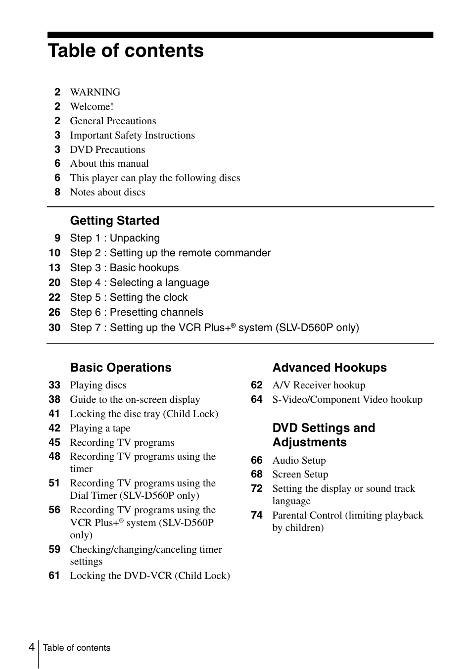 Sony SLV-D360P User Manual | Page 4 / 128