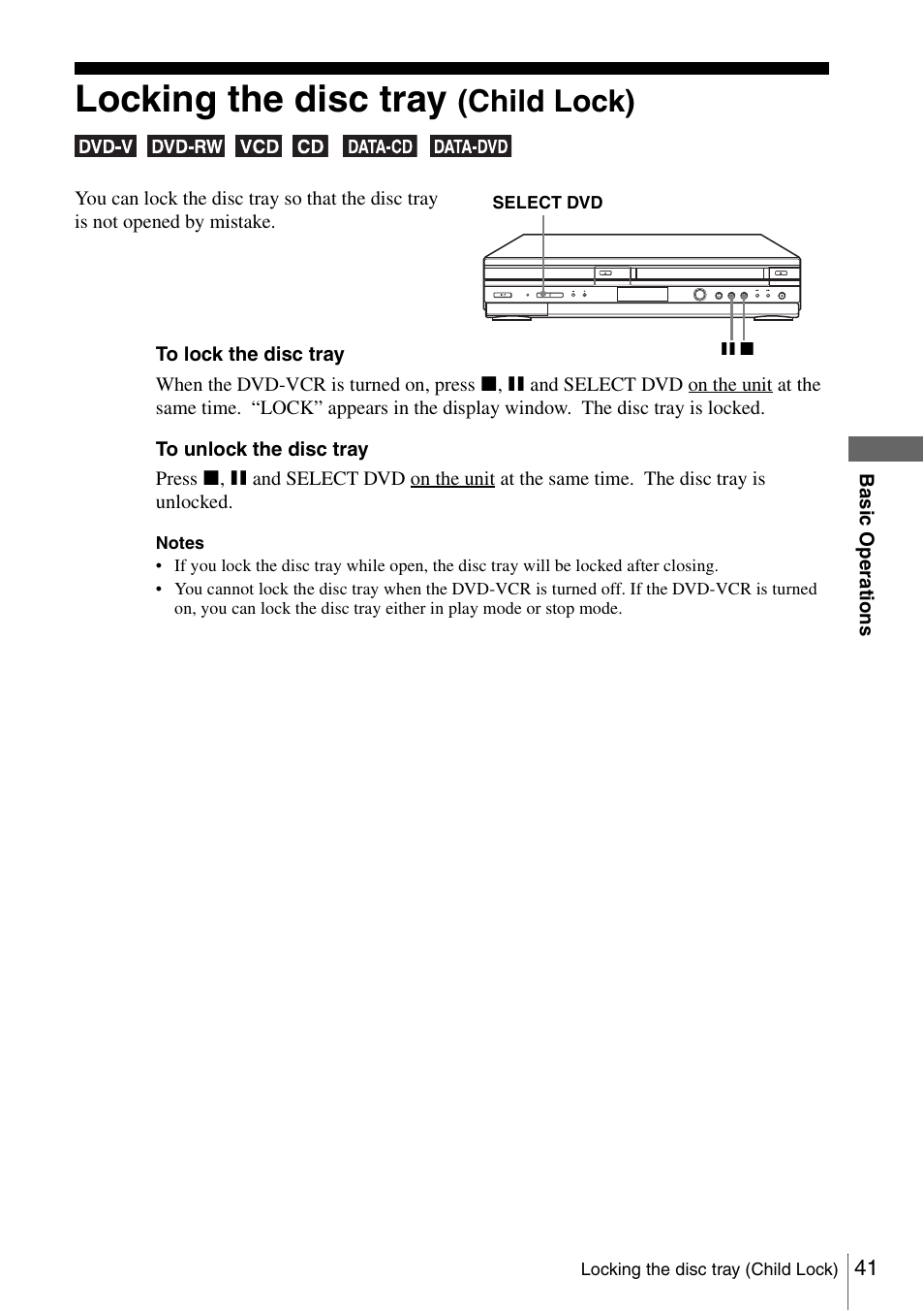 Locking the disc tray (child lock), 41 l, Locking the disc tray | Child lock) | Sony SLV-D360P User Manual | Page 41 / 128