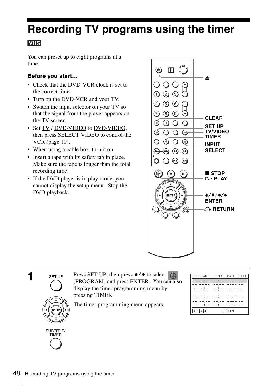 Recording tv programs using the timer, 48 re | Sony SLV-D360P User Manual | Page 48 / 128