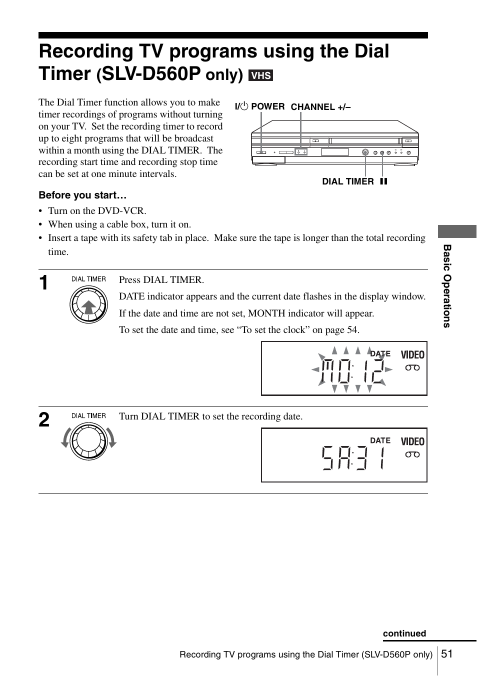 Recording tv programs using the dial timer, Slv-d560p, Only) | Sony SLV-D360P User Manual | Page 51 / 128