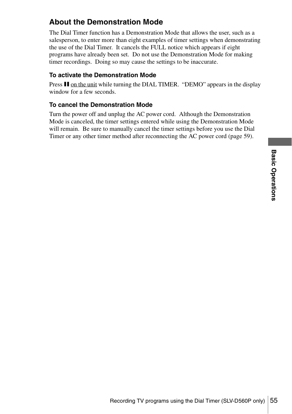 About the demonstration mode | Sony SLV-D360P User Manual | Page 55 / 128