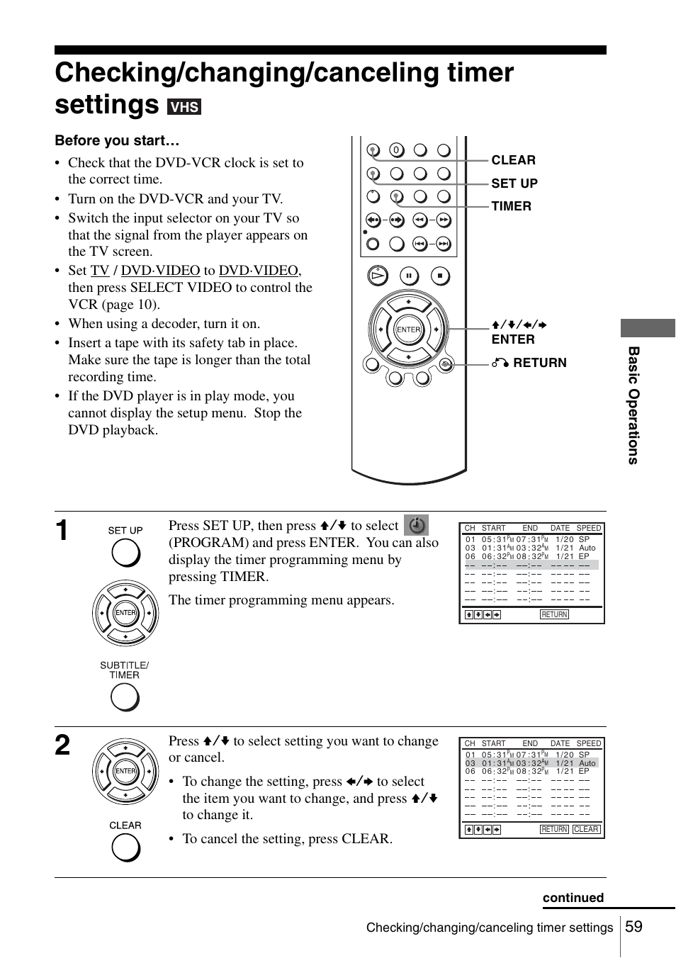 Checking/changing/canceling timer settings, 59 ch, See “checking/changing/canceling timer | Ba sic o p er at ions | Sony SLV-D360P User Manual | Page 59 / 128