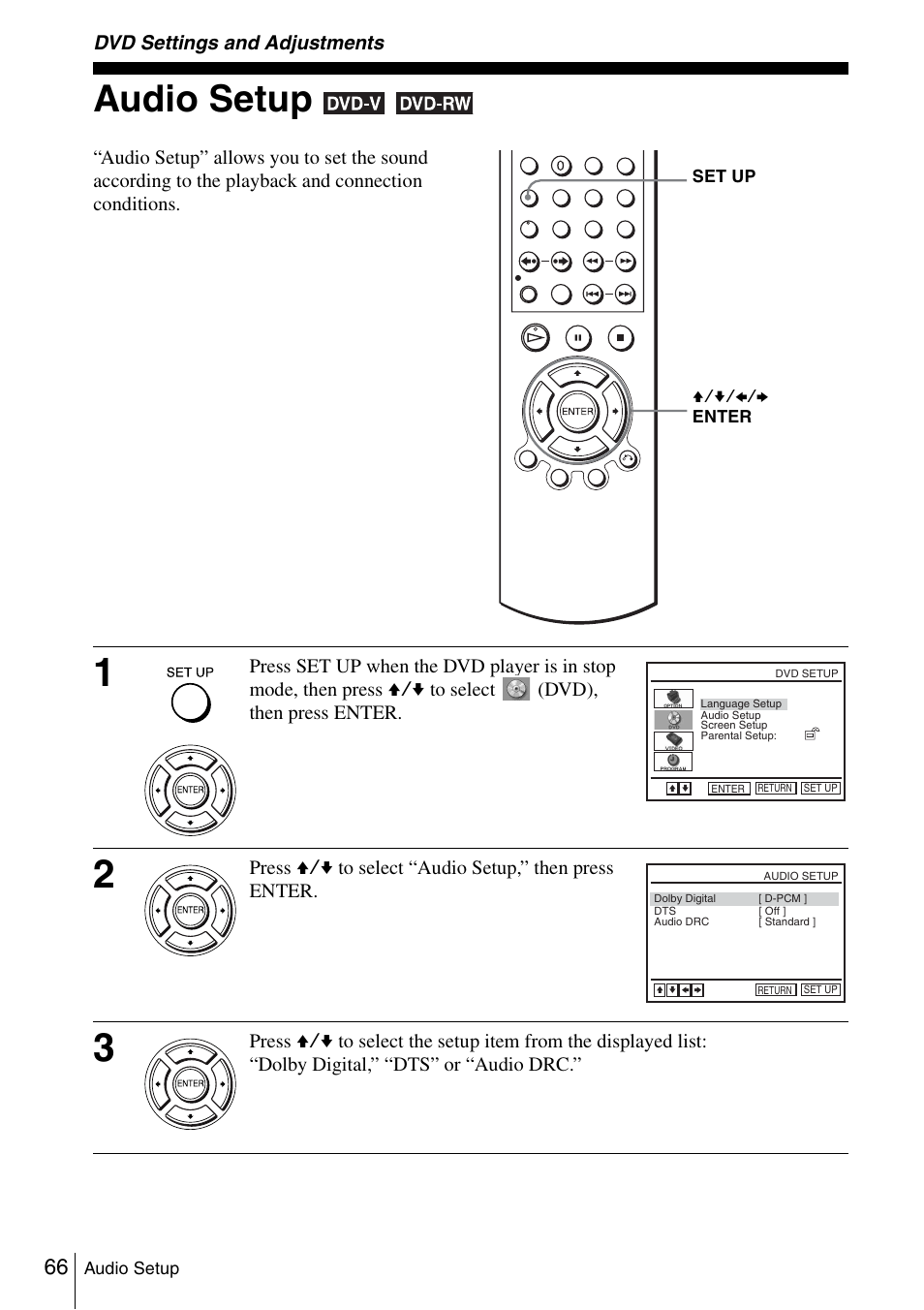 Dvd settings and adjustments, Audio setup, 66 a | Sony SLV-D360P User Manual | Page 66 / 128