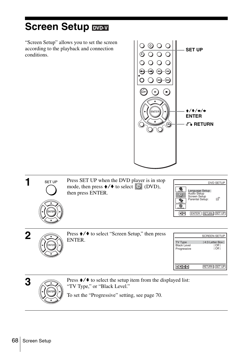 Screen setup, 68 sc, See “screen setup” on | Sony SLV-D360P User Manual | Page 68 / 128