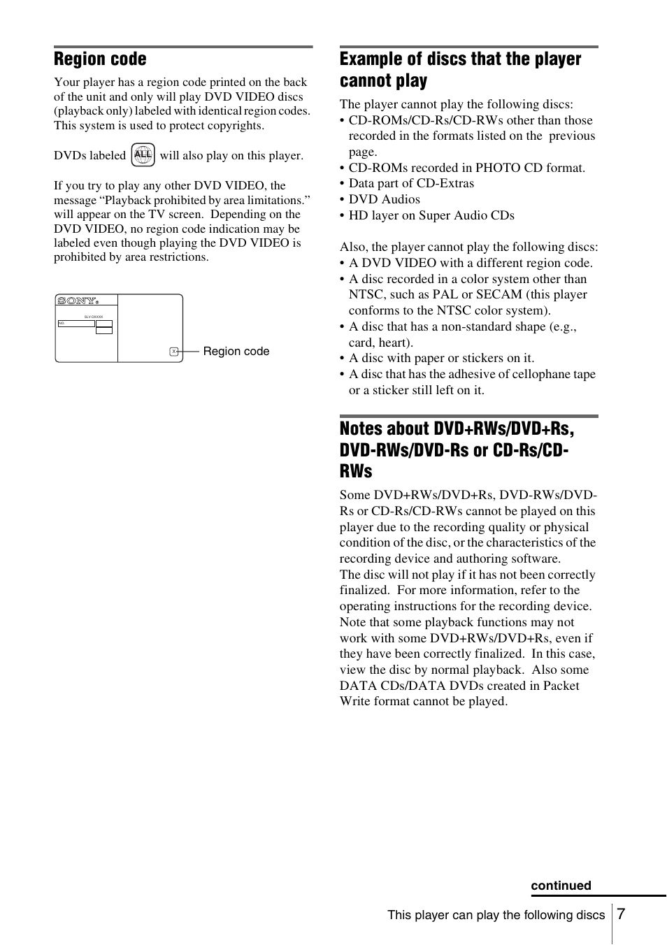 Region code, Example of discs that the player cannot play | Sony SLV-D360P User Manual | Page 7 / 128