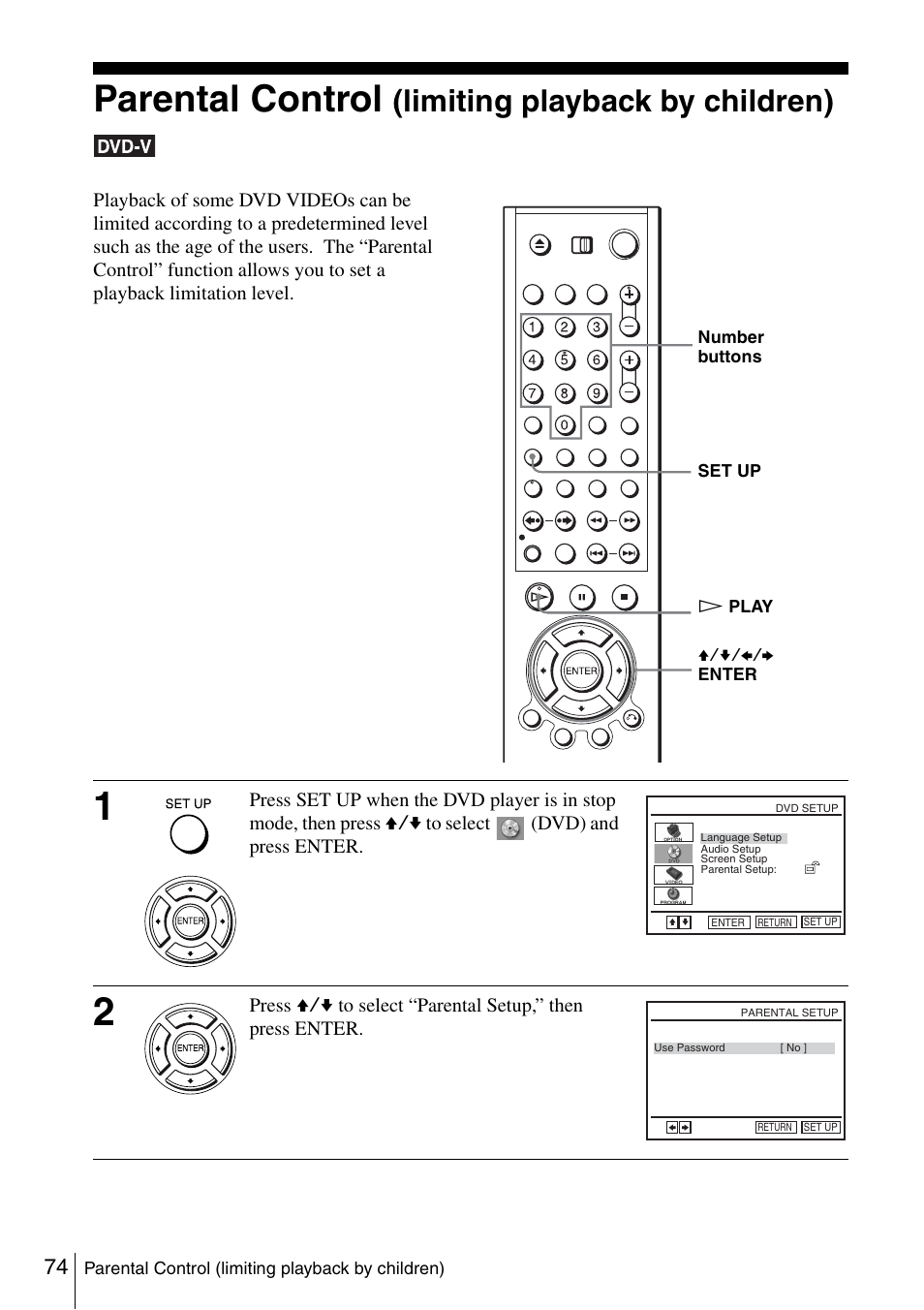 Parental control (limiting playback by children), 74 p, Parental control | Limiting playback by children) | Sony SLV-D360P User Manual | Page 74 / 128