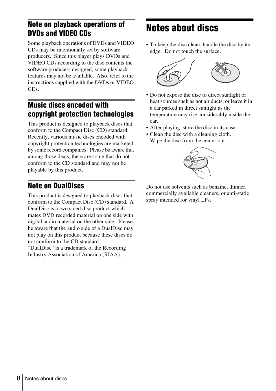 Notes about discs | Sony SLV-D360P User Manual | Page 8 / 128