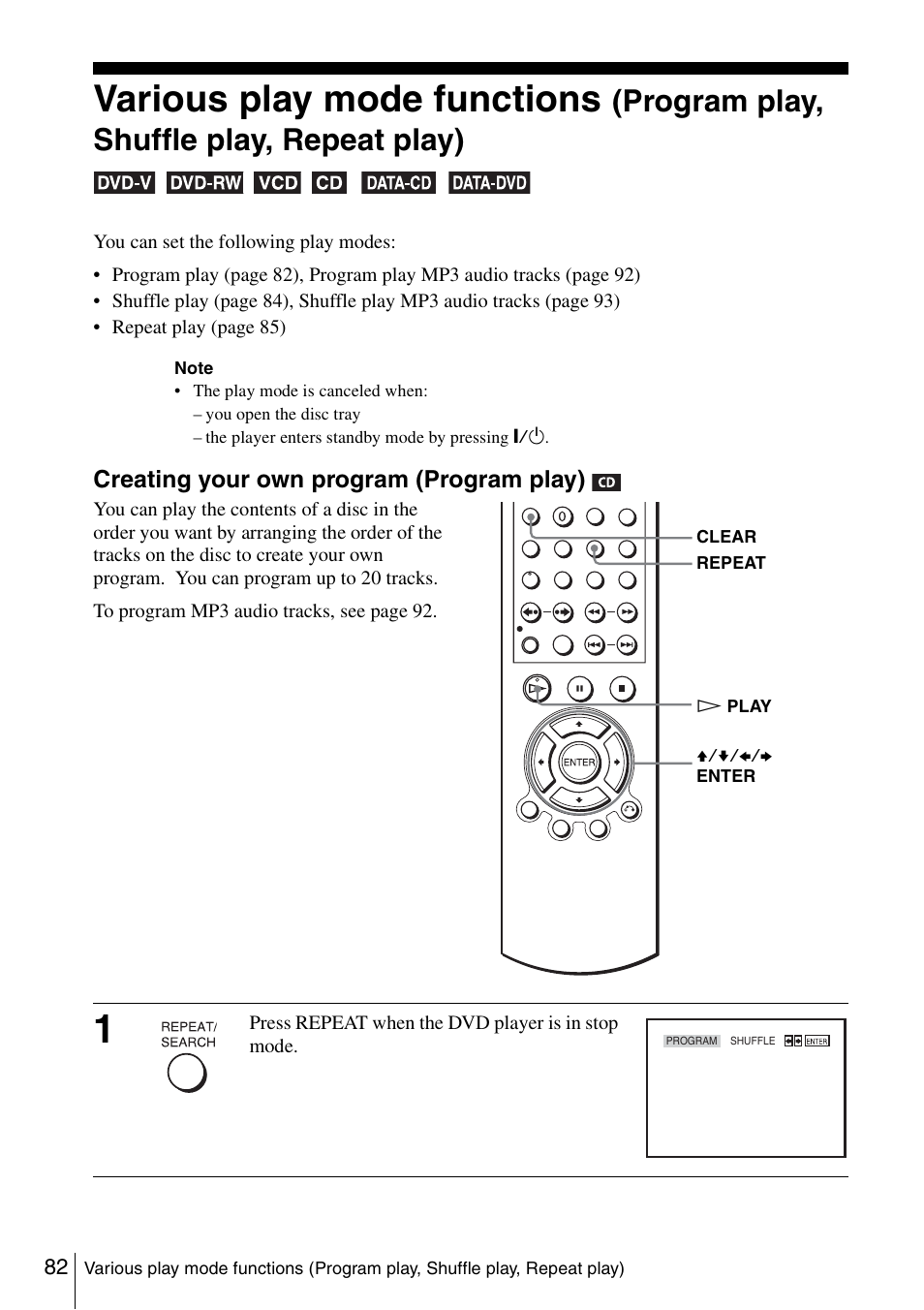 Various play mode functions, Program play, shuffle play, repeat play) | Sony SLV-D360P User Manual | Page 82 / 128