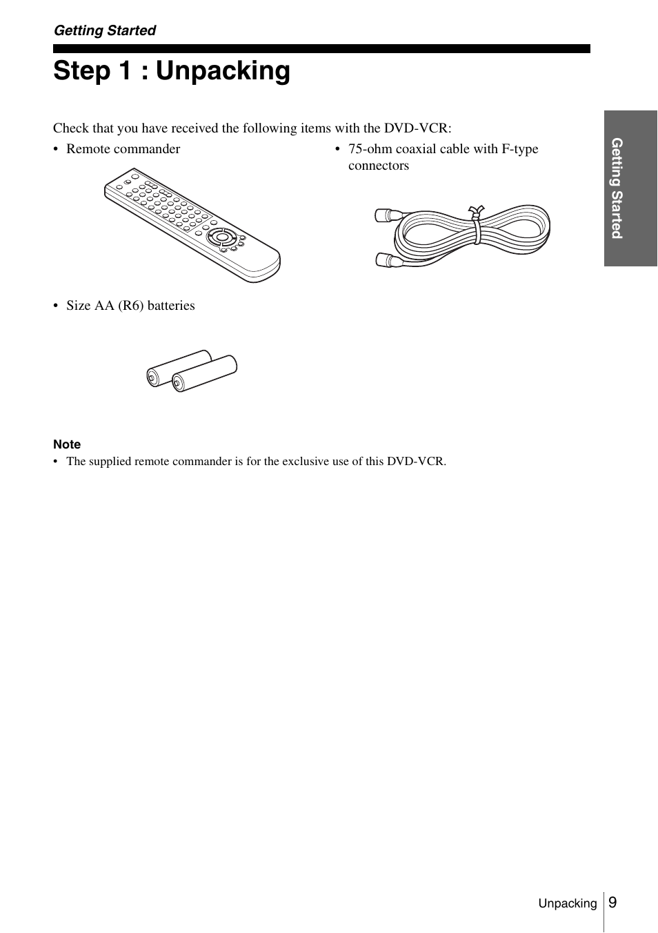 Getting started, Step 1 : unpacking, 9 step | Sony SLV-D360P User Manual | Page 9 / 128