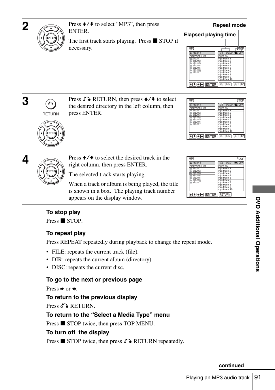 Playing an mp3 audio track, Elapsed playing time repeat mode, Continued | Sony SLV-D360P User Manual | Page 91 / 128