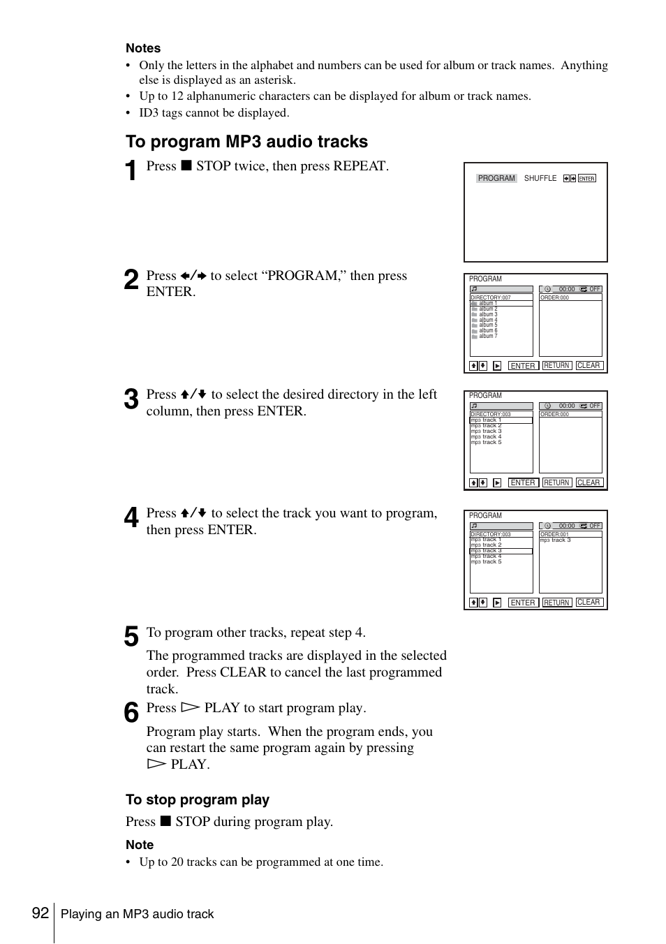 Press x stop twice, then press repeat, Press b/b to select “program,” then press enter | Sony SLV-D360P User Manual | Page 92 / 128