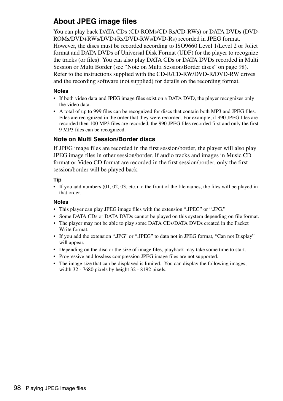 About jpeg image files | Sony SLV-D360P User Manual | Page 98 / 128