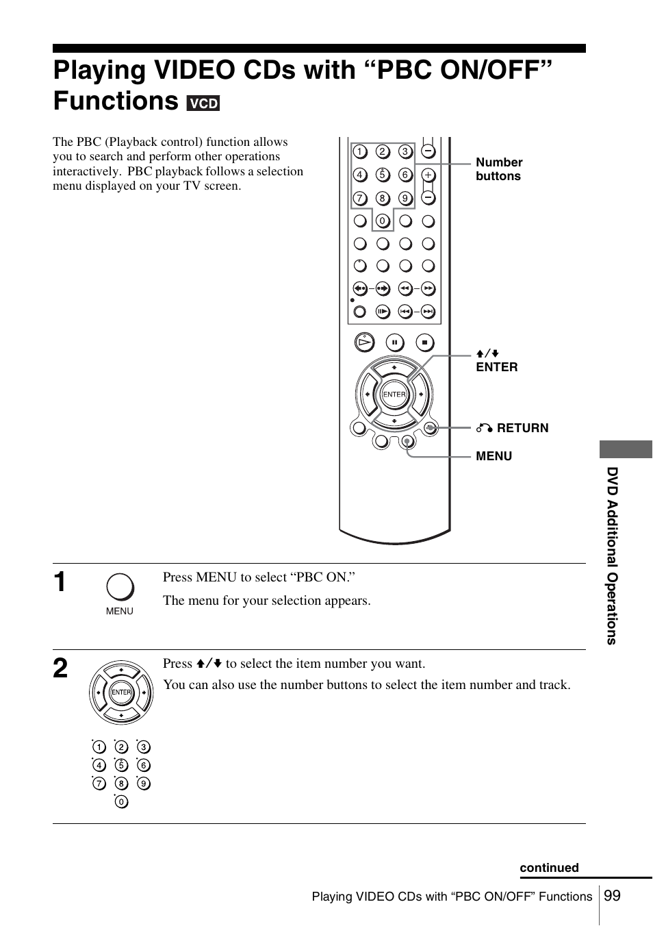 Playing video cds with “pbc on/off” functions | Sony SLV-D360P User Manual | Page 99 / 128