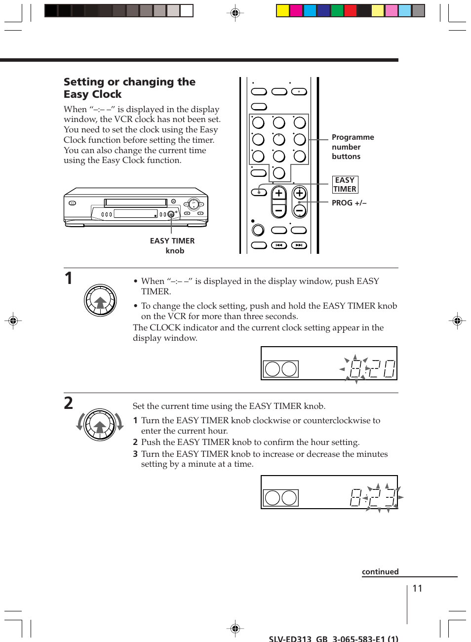 Setting or changing the easy clock | Sony SLV-ED313 User Manual | Page 11 / 20