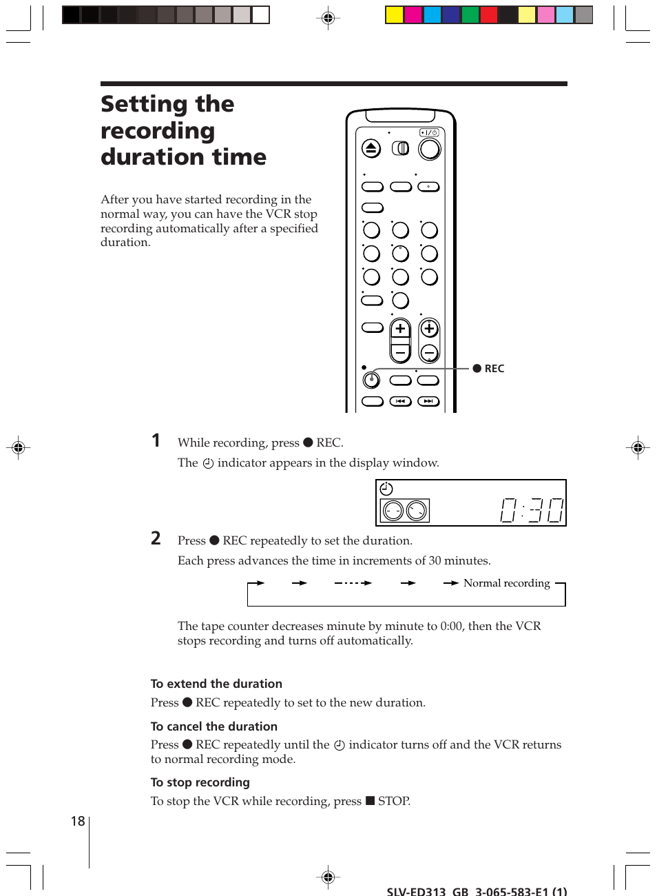 Setting the recording duration time | Sony SLV-ED313 User Manual | Page 18 / 20