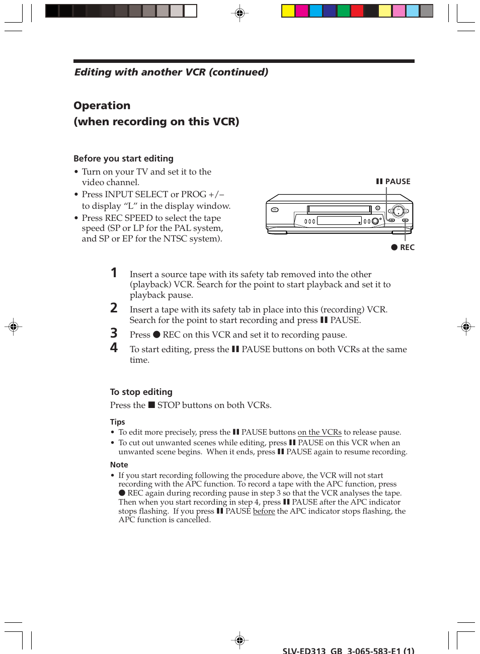 Operation (when recording on this vcr) | Sony SLV-ED313 User Manual | Page 20 / 20