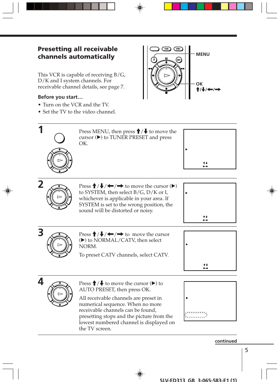 Presetting all receivable channels automatically, Ok m / m / < / , menu continued | Sony SLV-ED313 User Manual | Page 5 / 20