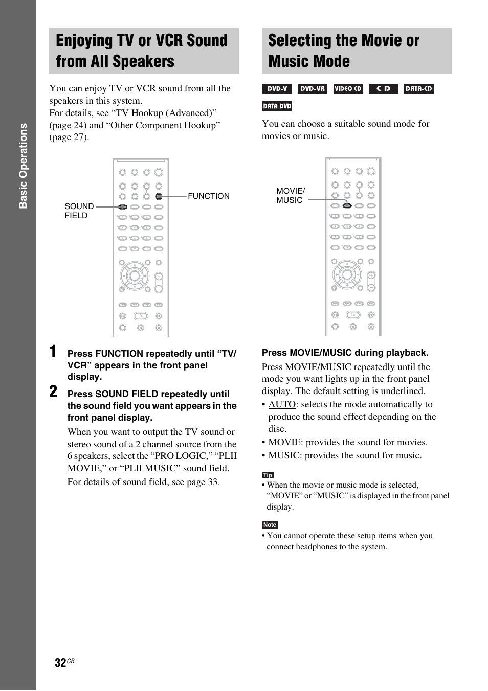 Enjoying tv or vcr sound from all speakers, Selecting the movie or music mode, Enjoying tv or vcr sound from all | Speakers, Selecting the movie or music, Mode | Sony DX315 User Manual | Page 32 / 100