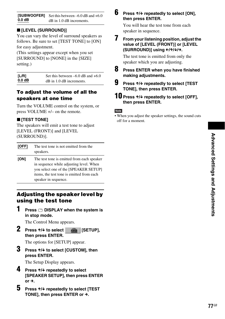 Adjusting the speaker level by using the test tone | Sony DX315 User Manual | Page 77 / 100