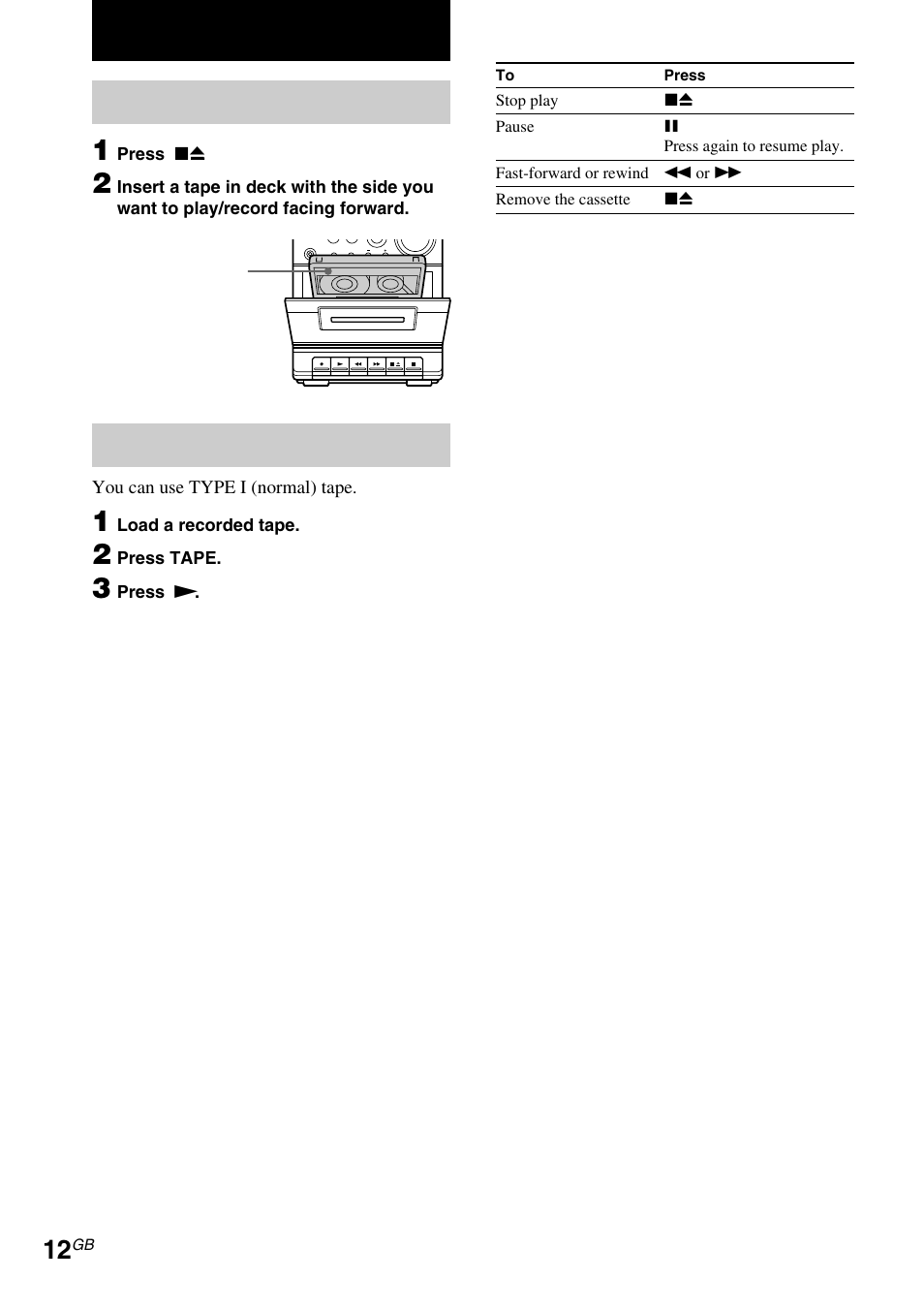Tape, Loading a tape, Playing a tape | Sony CMT-EP303 User Manual | Page 12 / 20